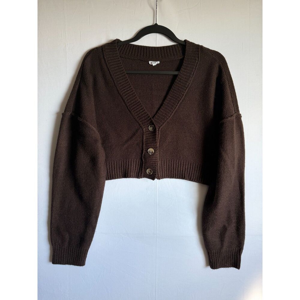 Garage Jenna Cropped Knit Cardigan Sweater Brown V-Neck Women's Large